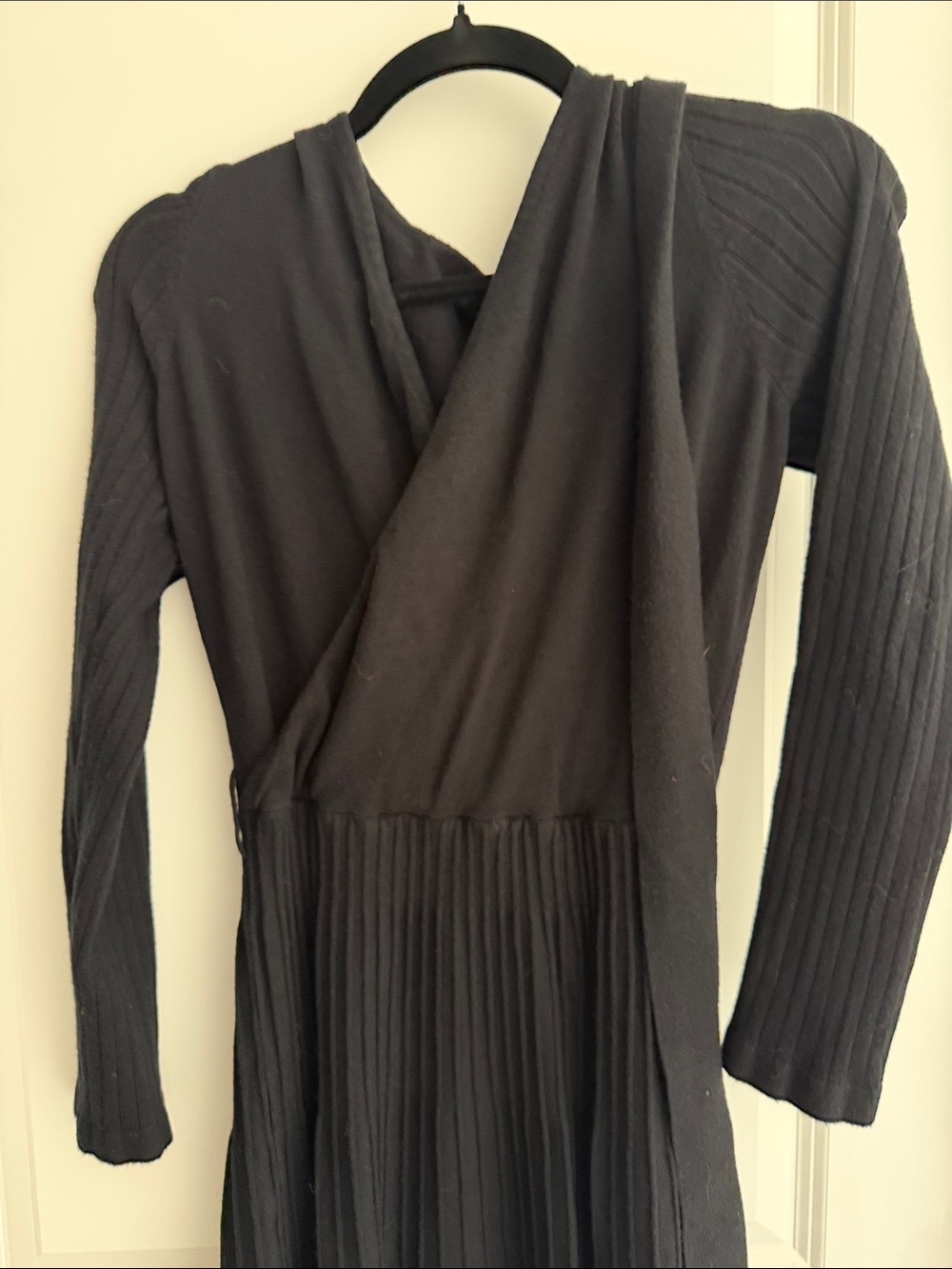 Black Pleated Wrap-Style Long Sleeve Dress